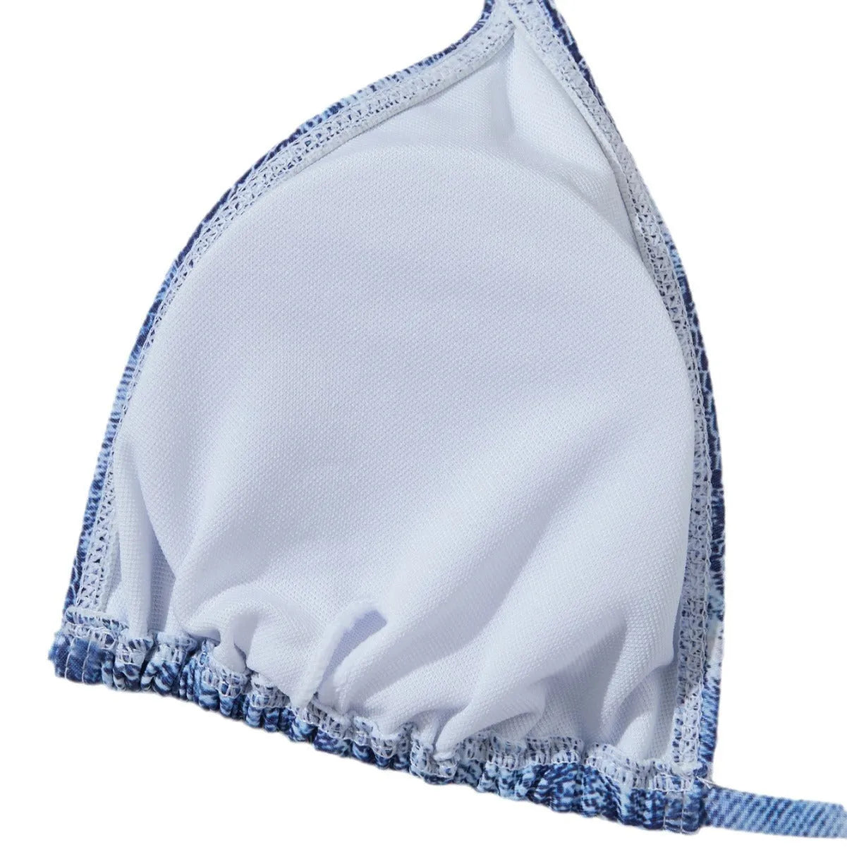 Women's denim blue printed bikini set with strap detail, made from nylon spandex fabric.