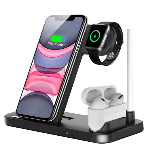 Foldable 4-in-1 wireless charging station in black, showing vertical phone stand and multiple charging pads for devices.