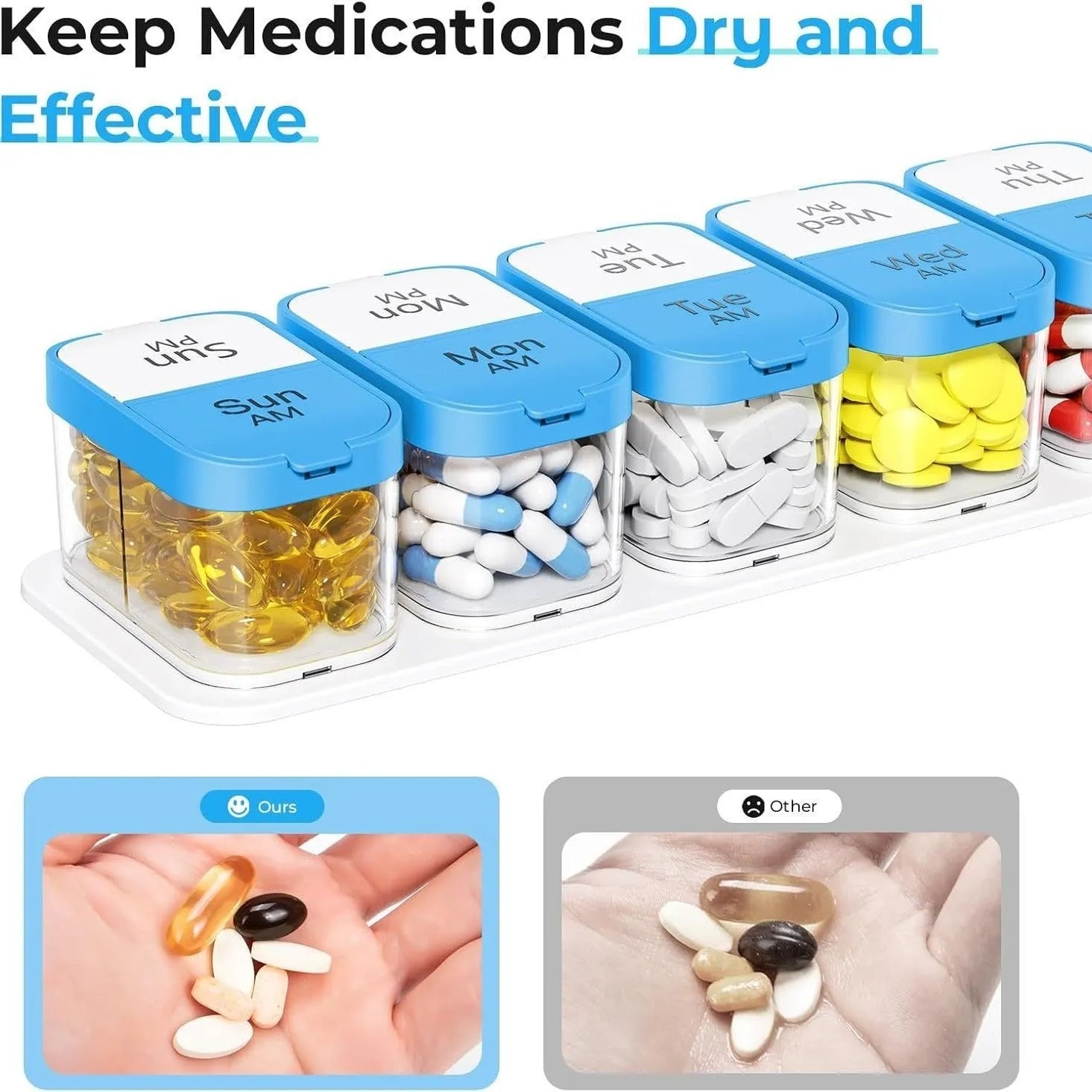 White and rainbow coloured portable pill box dispenser with 14 removable compartments shown open.