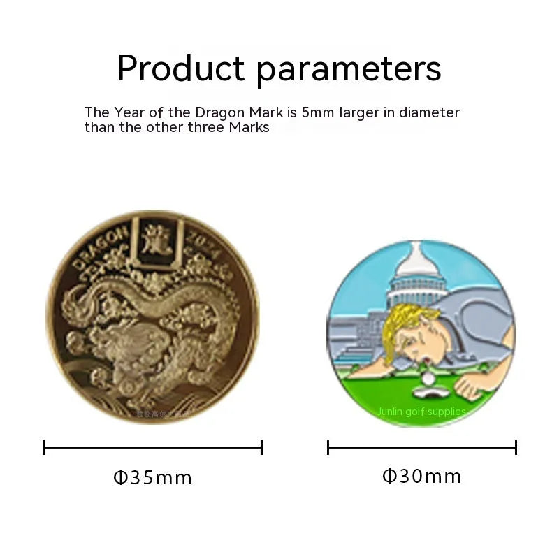 Zinc alloy golf hat clip with detailed dragon year and sports-themed metal patterns.