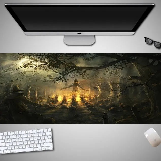 Large Halloween patterned gaming mouse pad on a desk showing non-slip rubber base and extra-long design.