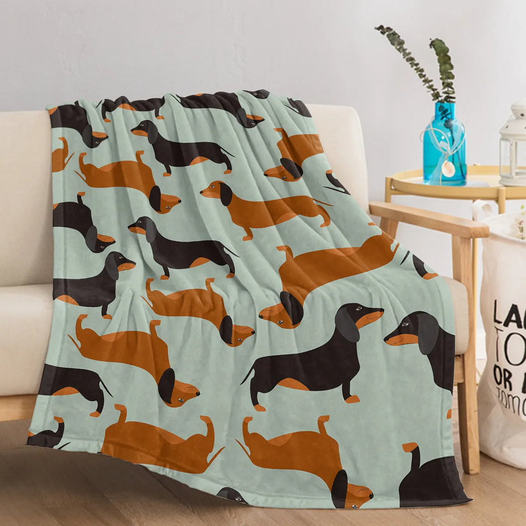 Flannel sausage printed blanket with cute pet theme in green, 75x100cm throw size