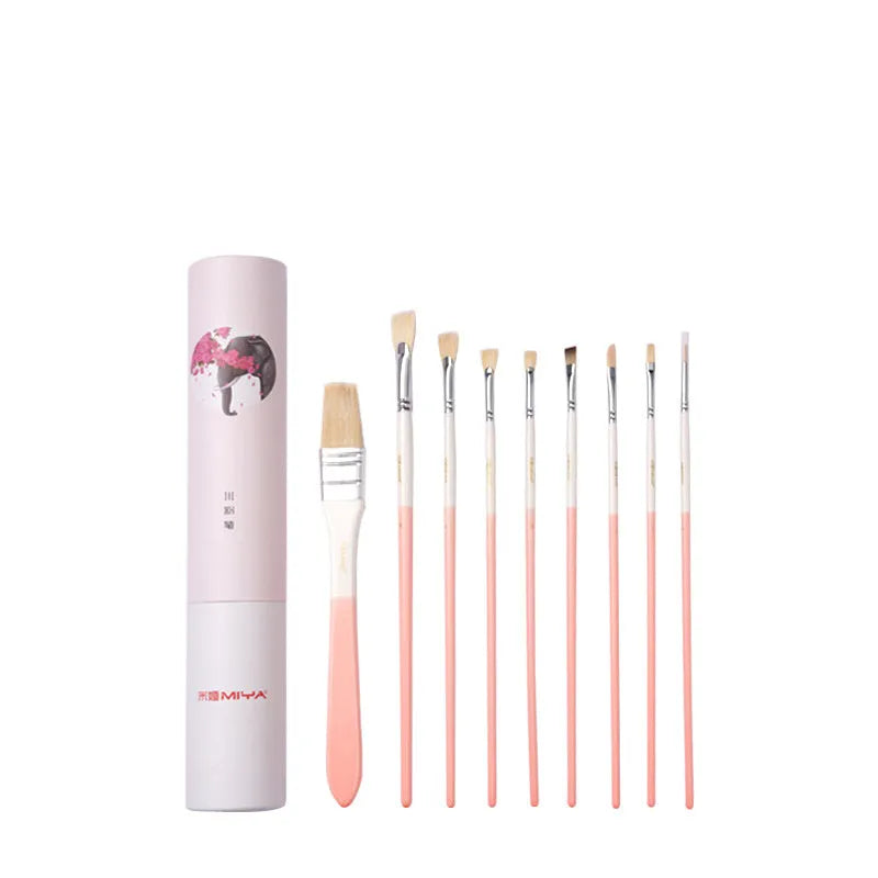 Set of acrylic gouache painting brushes including fan brushes, wide brush and detail brushes in animal-themed designs