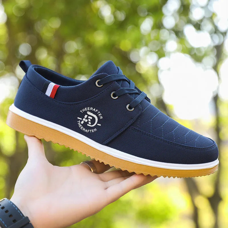 Men's black canvas casual shoes with a leather toe cap and a thick platform EVA sole.