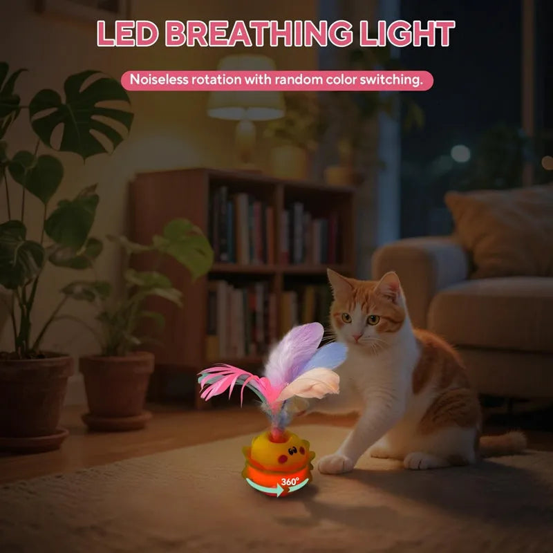 Pink interactive automatic cat feather toy with rotating LED lights and detachable feathers