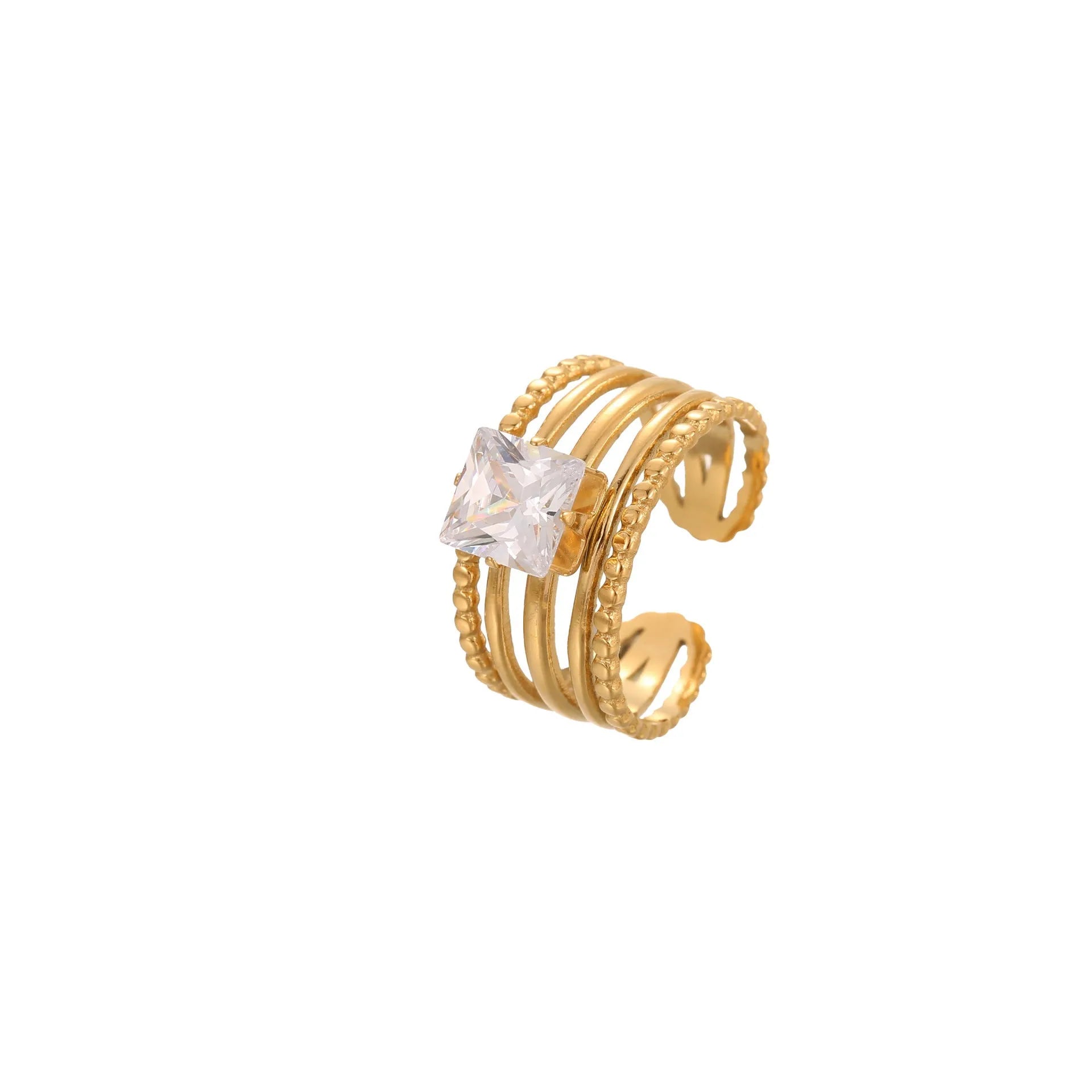 Gold electroplated adjustable ring with geometric zircon design on a stainless steel band.