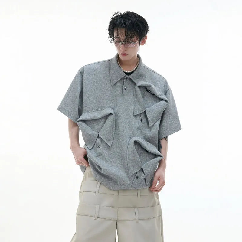 Men's loose fit deconstructed collar short sleeve shirt with giant land turtle graphic geometric pattern.