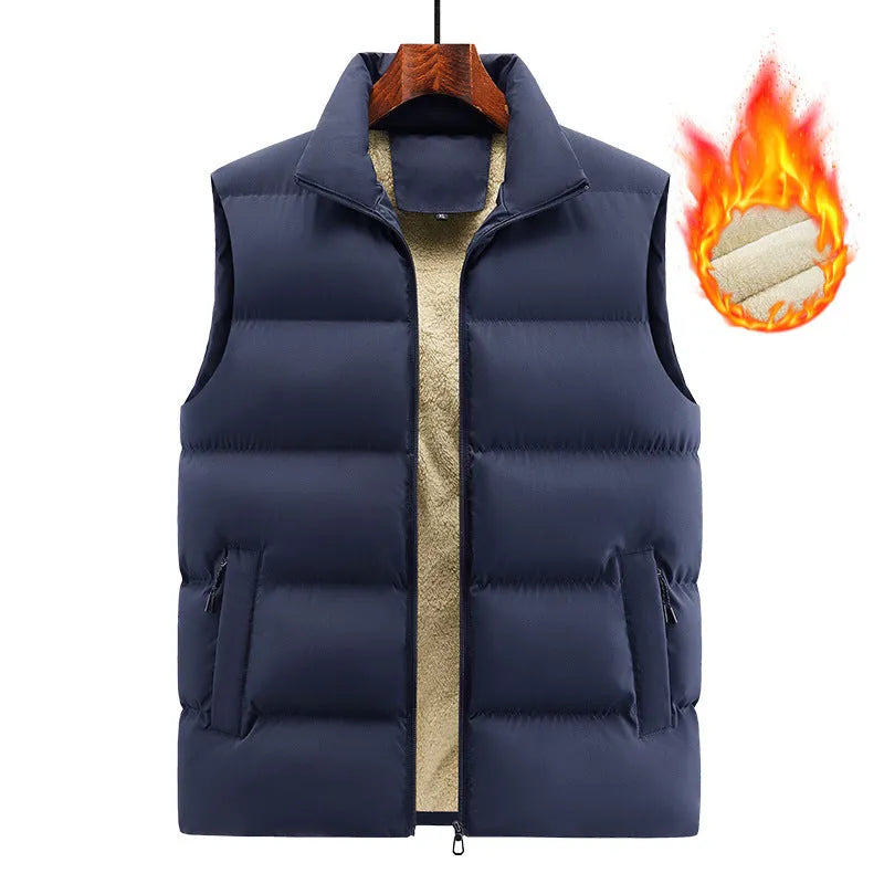A striped men's sleeveless lambswool vest in black, shown on a hanger.