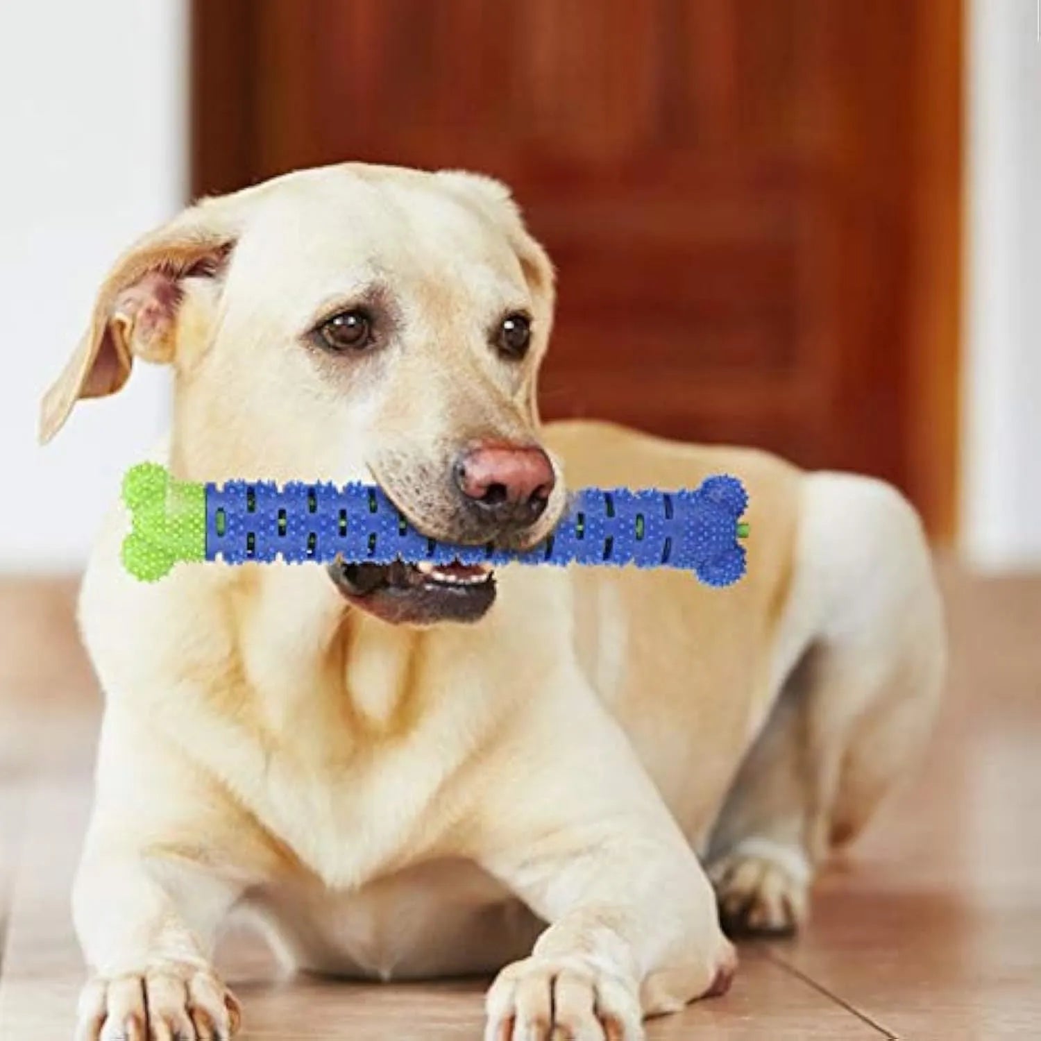Blue silicone dog chew toy with textured brush head design for dental cleaning.
