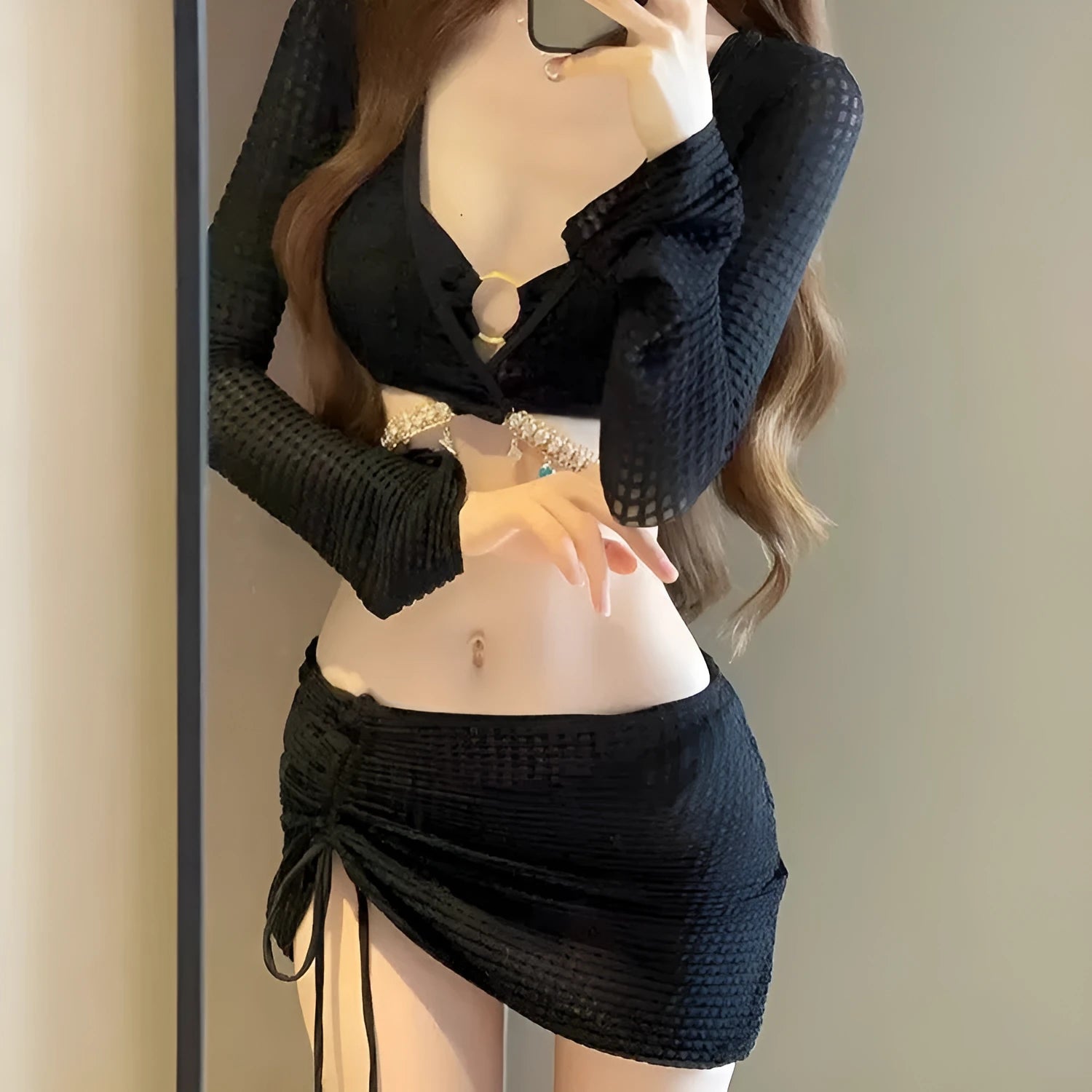 Women's long sleeve black and white bikini swimsuit with hot spring split design