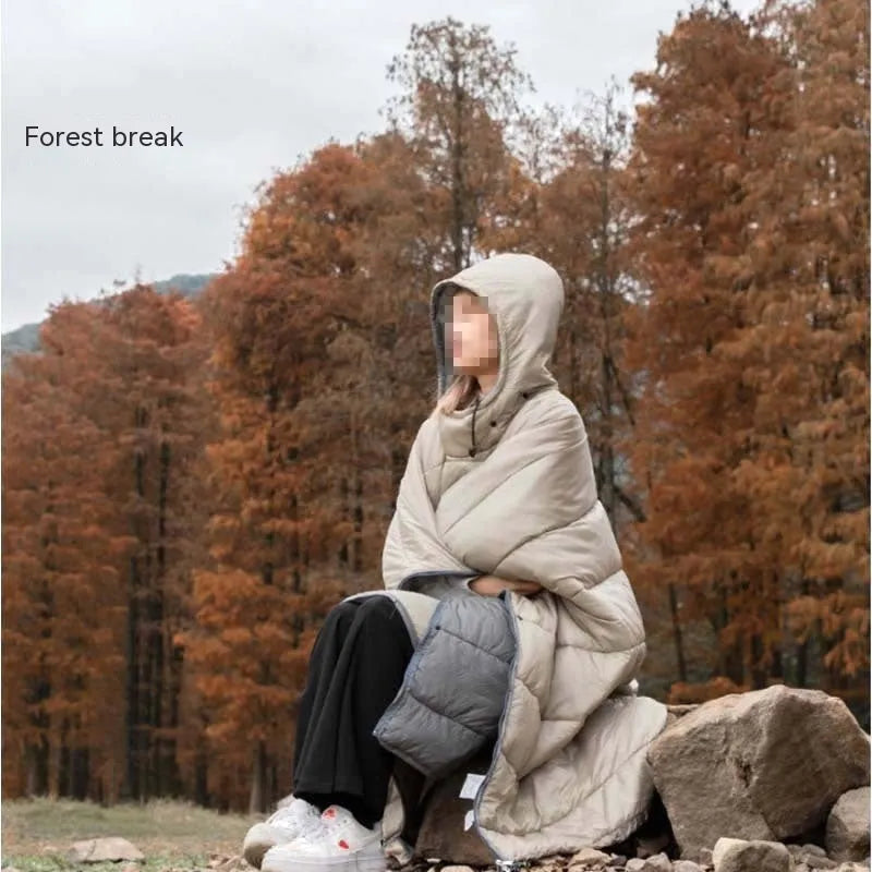 Army Green outdoor cloak sleeping bag with nylon shell shown in wearable configuration
