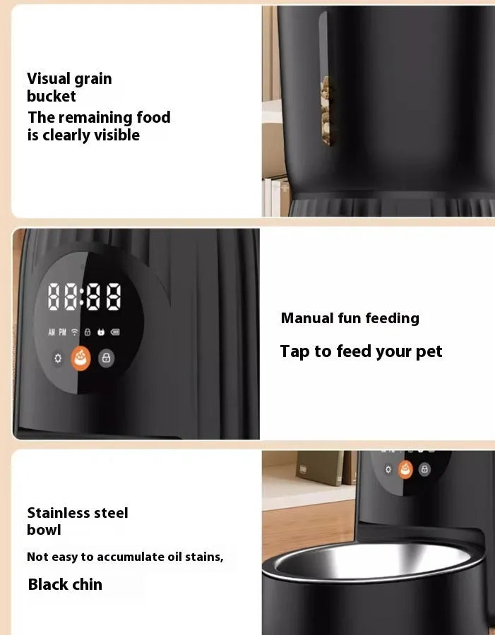 Black automatic pet feeder with digital timer display and remote control on a table.