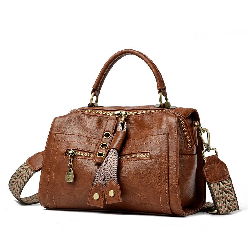 Women's retro style crossbody bag in soft PU leather with sandwich pocket, shown in six colour options