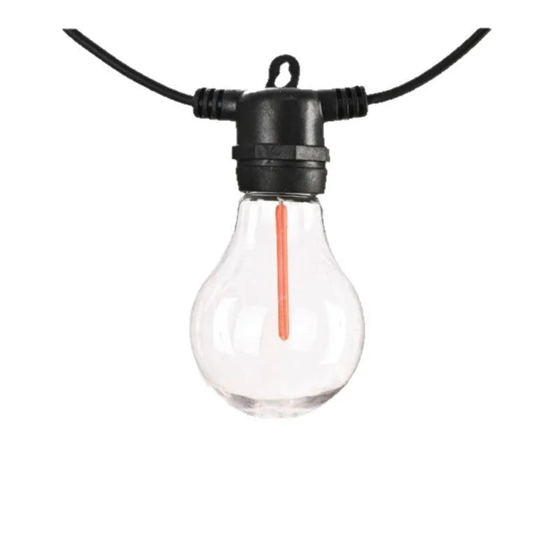 Outdoor waterproof string lights with 10 meteor-shaped LED bulbs on a 5 metre transparent cord.