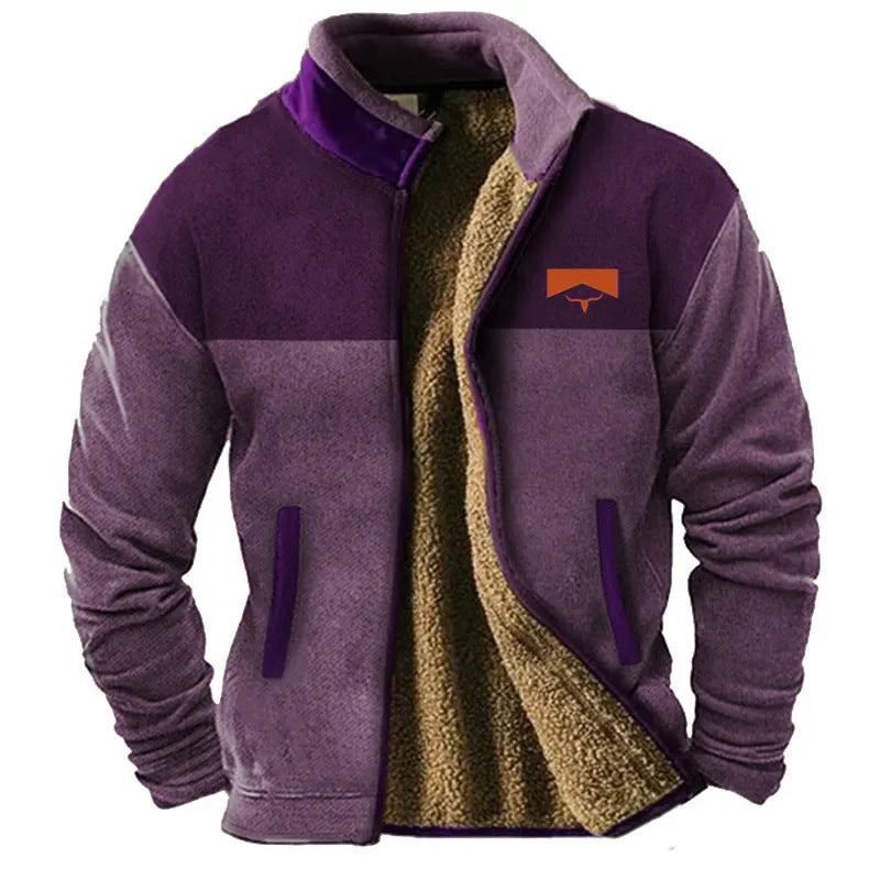 A man's fleece-padded coat in light brown, showing a regular fit and zip front.