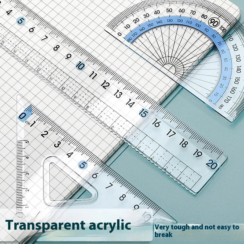 Youpai transparent acrylic drawing ruler set with square and protractor tools on a desk.