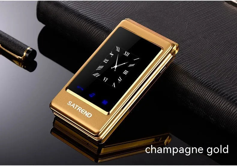 Dual screen flip phone for elderly users showing internal touch screen and external display
