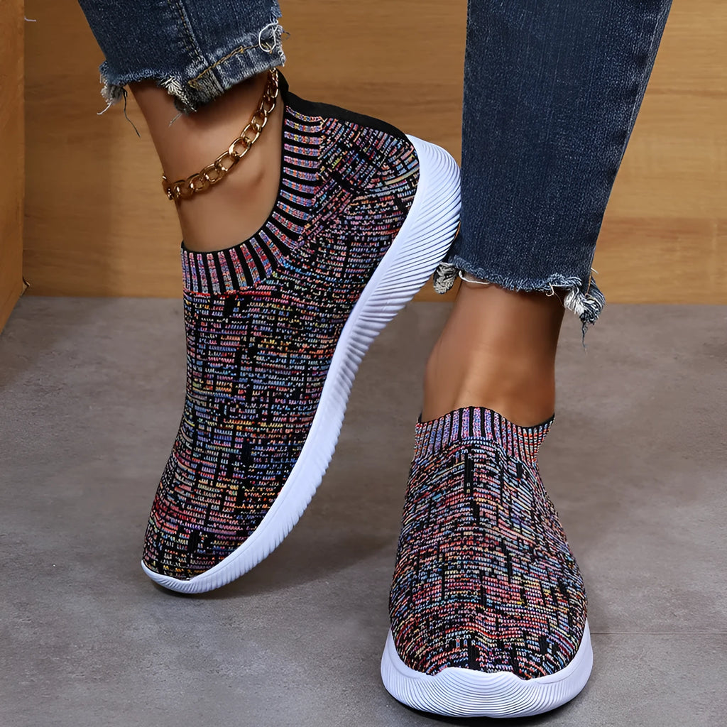 Stripe knit sock shoes for unisex running walking flat sneakers in white with EVA sole