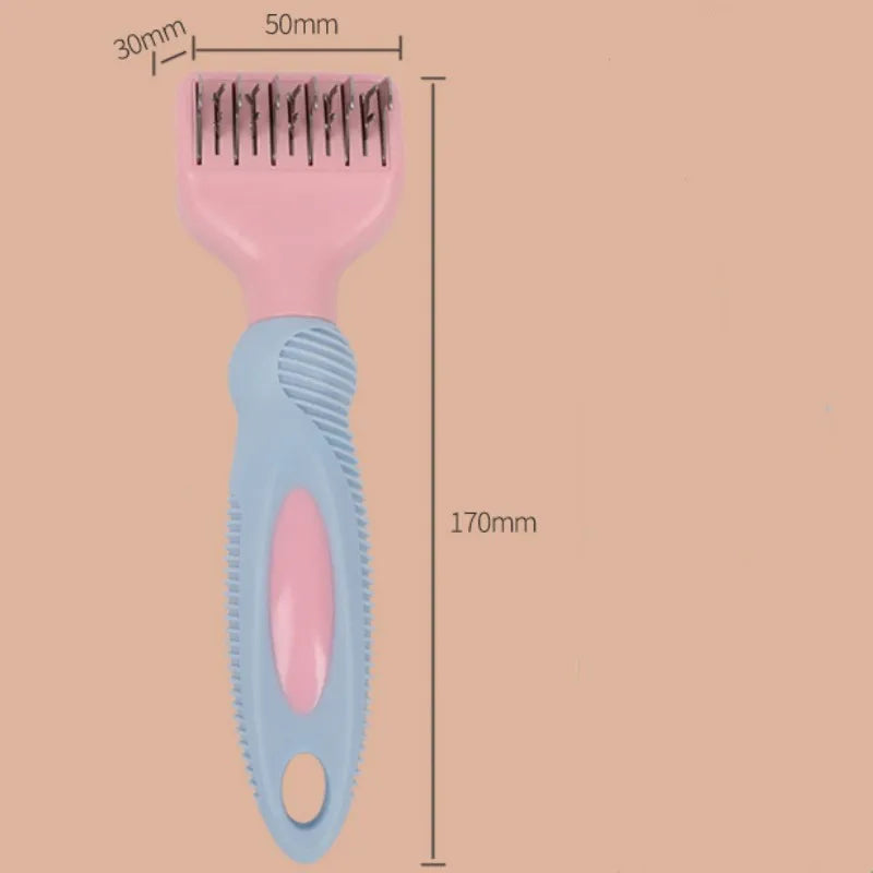 Pink and purple dog comb with stainless steel knot knife and massage brush for pet grooming