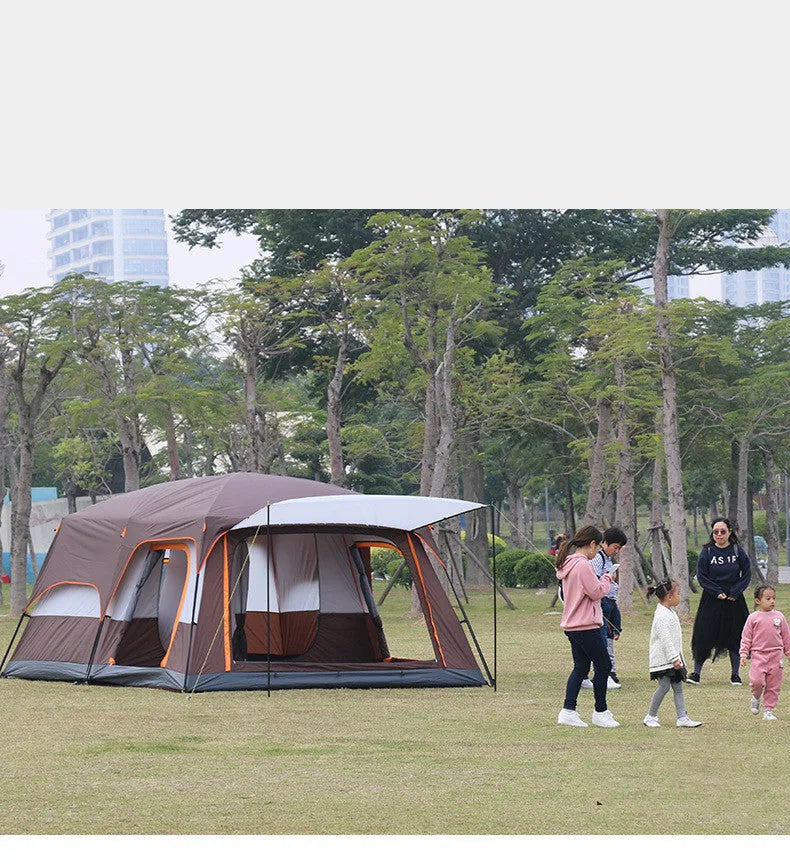 Multi-person double-layer steel pole camping tent 430x305x210cm dark green for 4-6 people