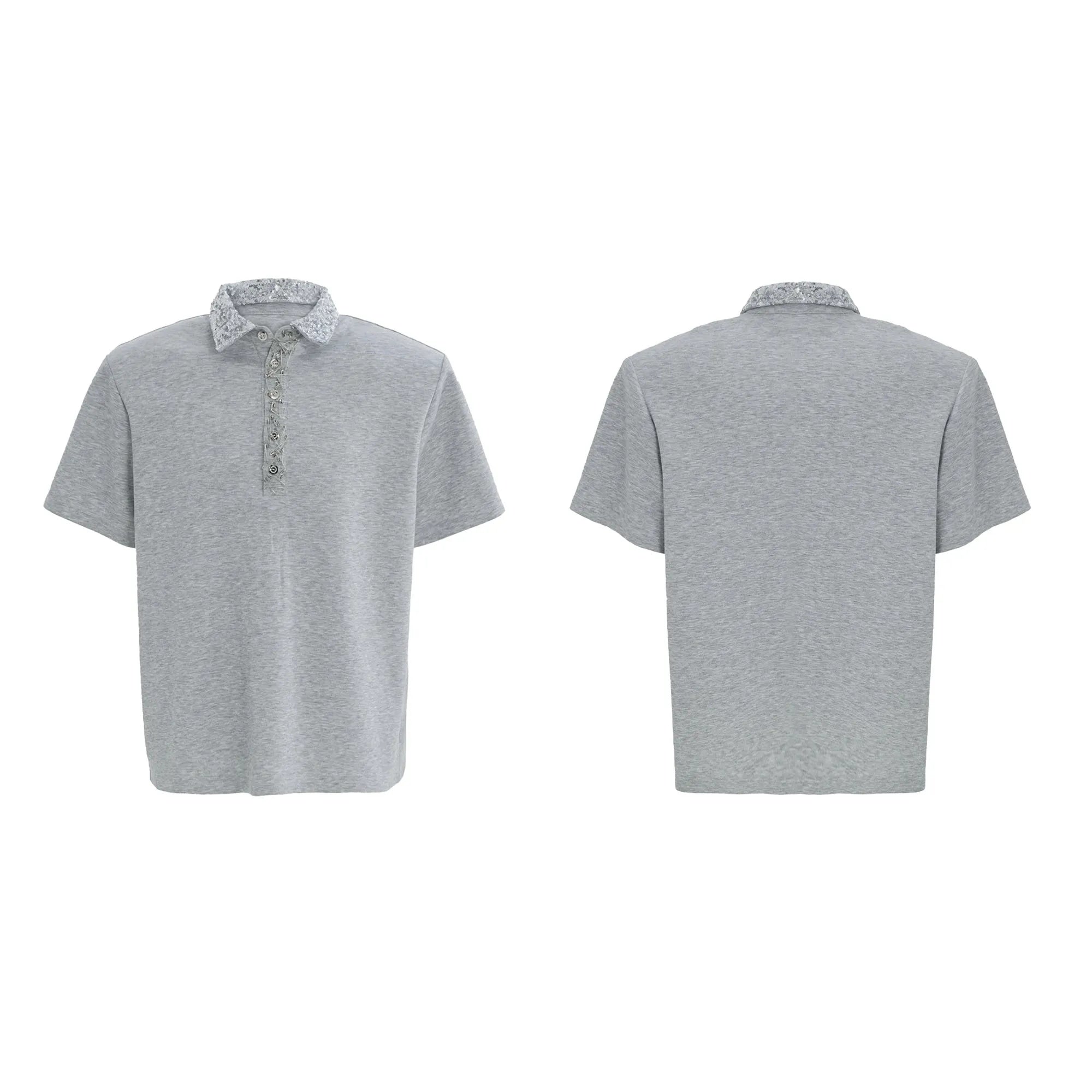 Loose-fit black men's polo t-shirt with a square collar and heavy sequin embroidery on the chest.