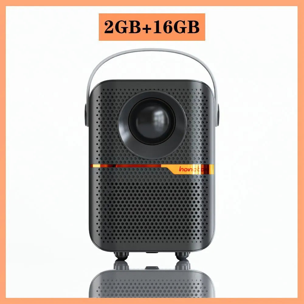 Black portable Android projector displaying 720p HD content with UK plug specification