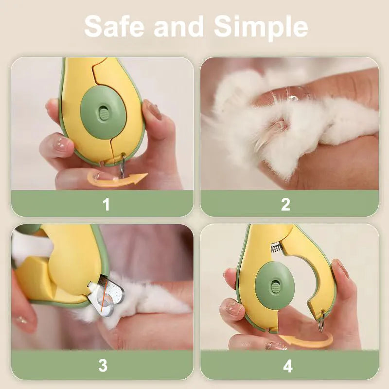 Professional LED pet nail clipper for small dogs and cats in green, pink, or white with safety guard.