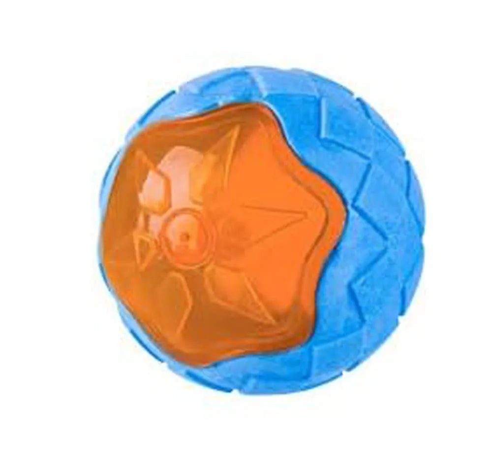 Set of three TPR dog toys: a red ball, a blue barbell, and an orange tire, floating in water.