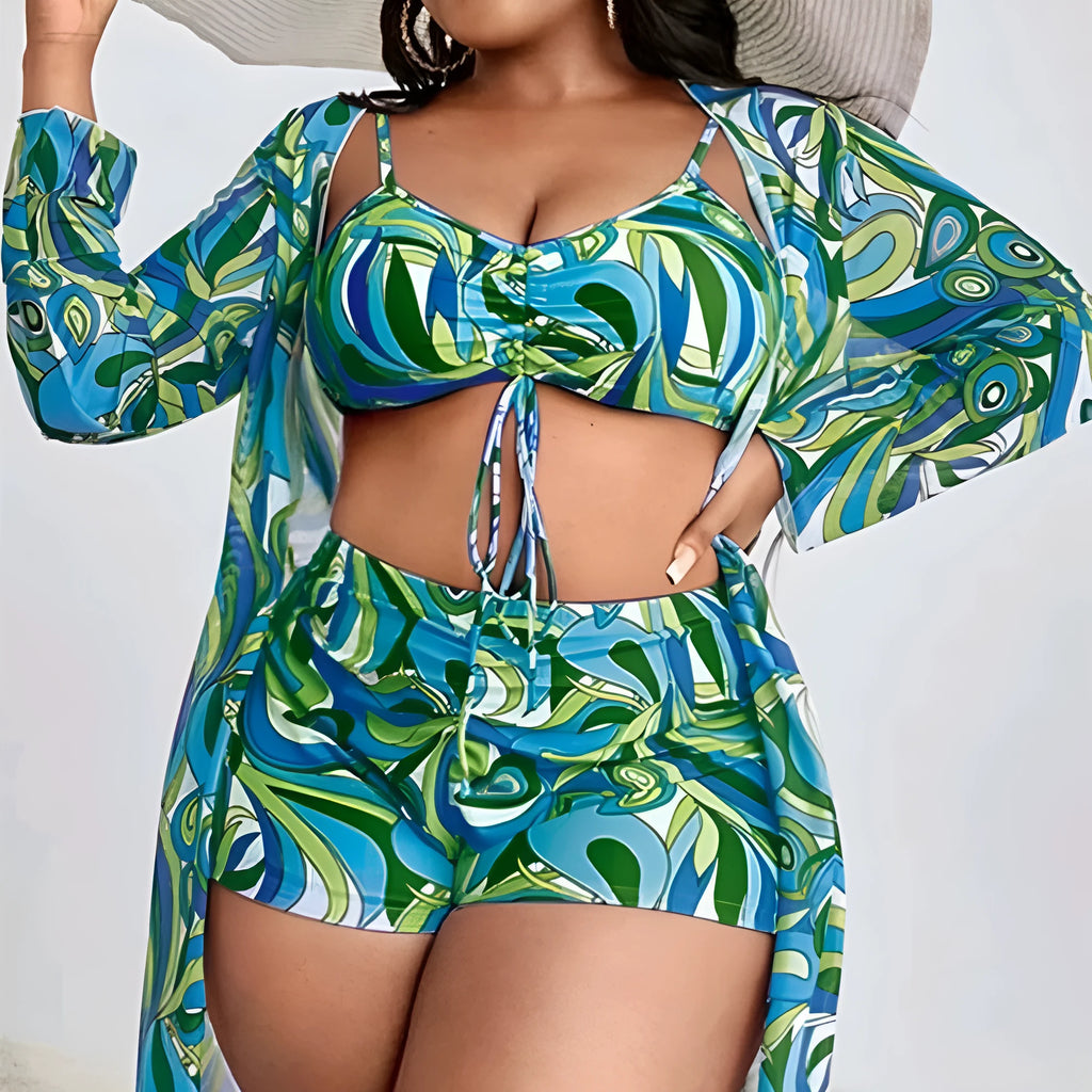 Women's floral bikini three-piece set with bra shorts and cardigan in picture colour