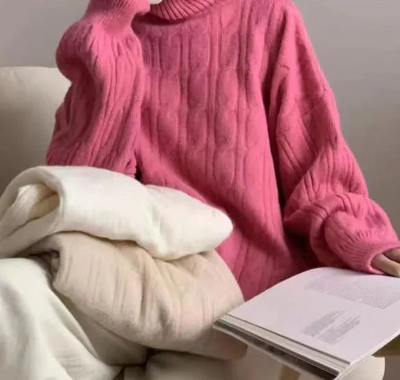 Twisted high-neck women's sweater in loose pullover style with long sleeves, polyester fabric, one size, seven colours available