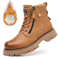 Men's brown leather high-top boots with velvet trim, side zip, and round toe design