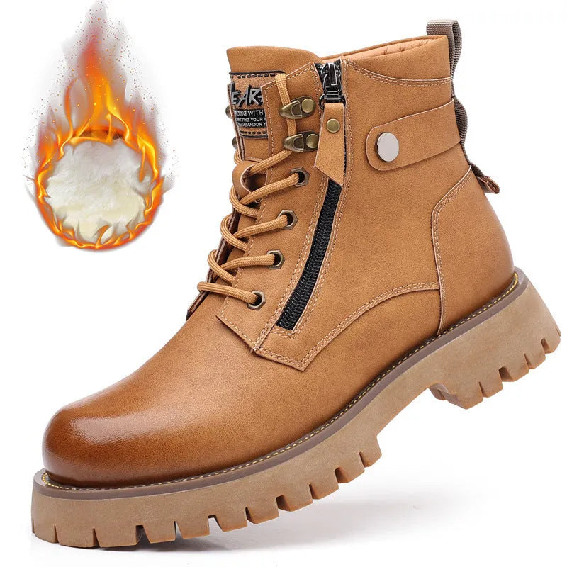 Men's brown leather high-top boots with velvet trim, side zip, and round toe design
