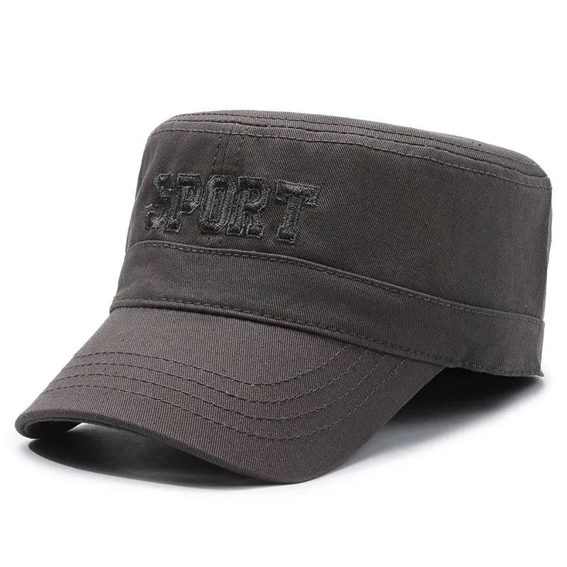 Men's flat-top peaked cap in cotton on adjustable strap, shown in army green colour.