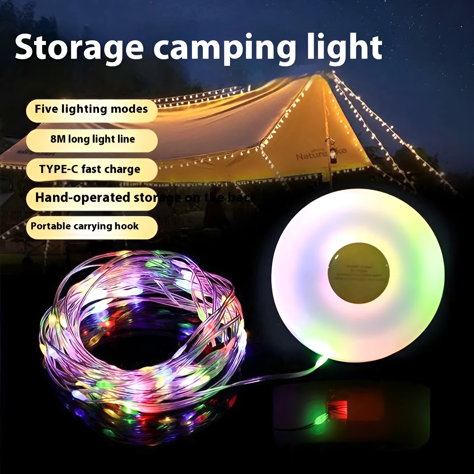 8 metre long USB rechargeable outdoor LED string lights in warm white or colourful light colours
