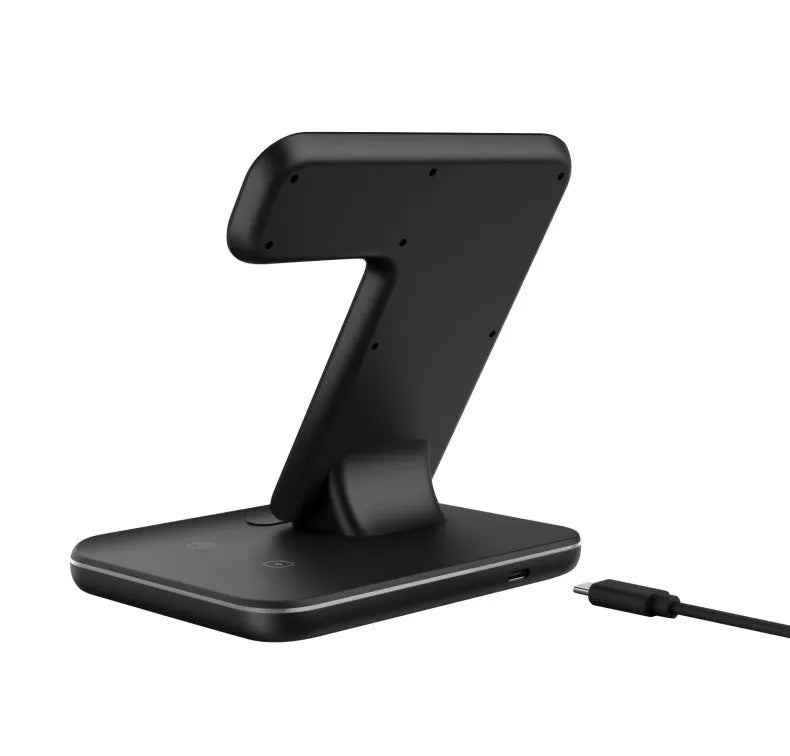 White three-in-one desktop wireless charging stand for mobile phone, watch, and headset.