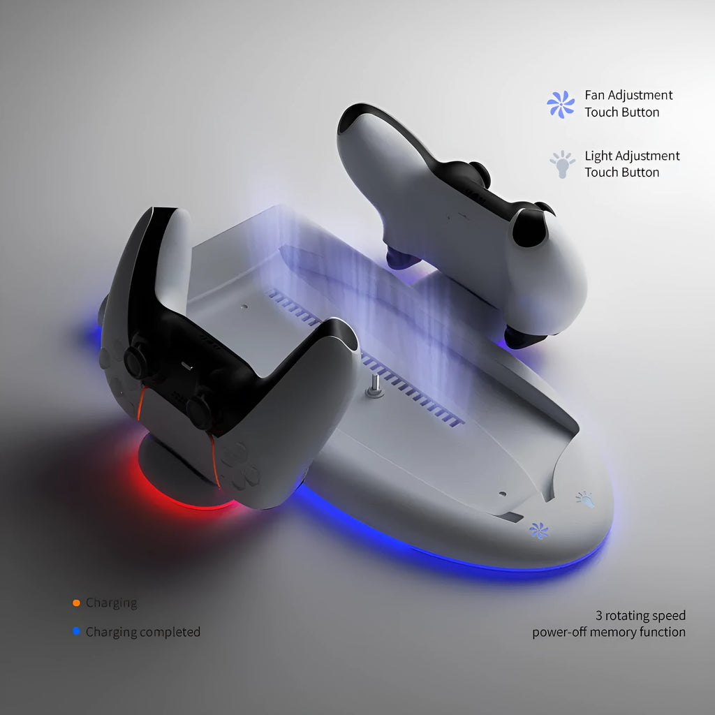 White PS5 Slim charging base with RGB ambient lights and integrated cooling fan.