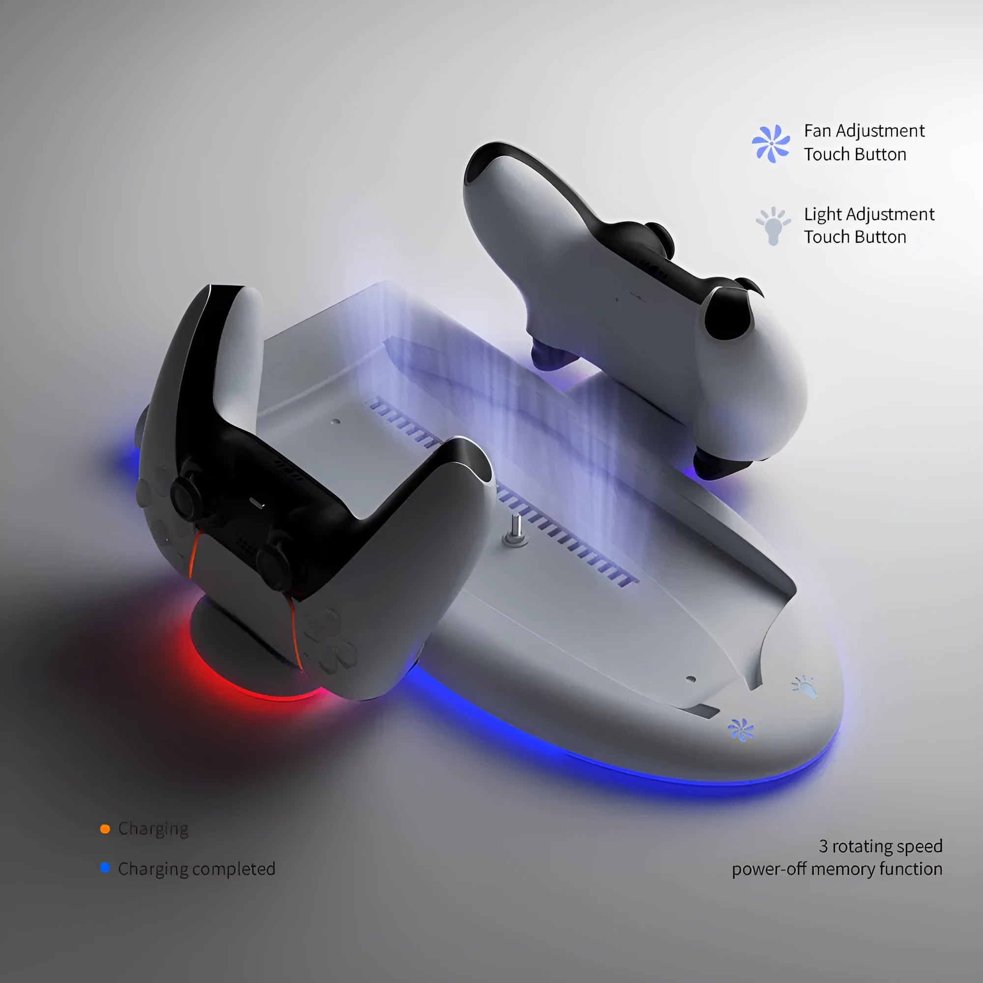White PS5 Slim charging base with RGB ambient lights and integrated cooling fan.