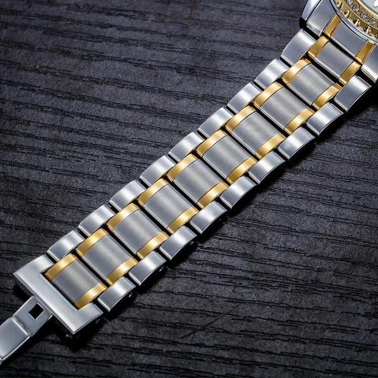 Fashionmonger men's gold and silver automatic mechanical watch with luminous hands on white and black dial.