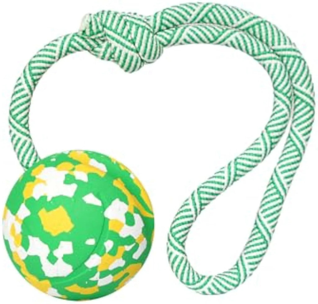 Natural rubber dog ball on nylon rope for interactive fetch and tug games