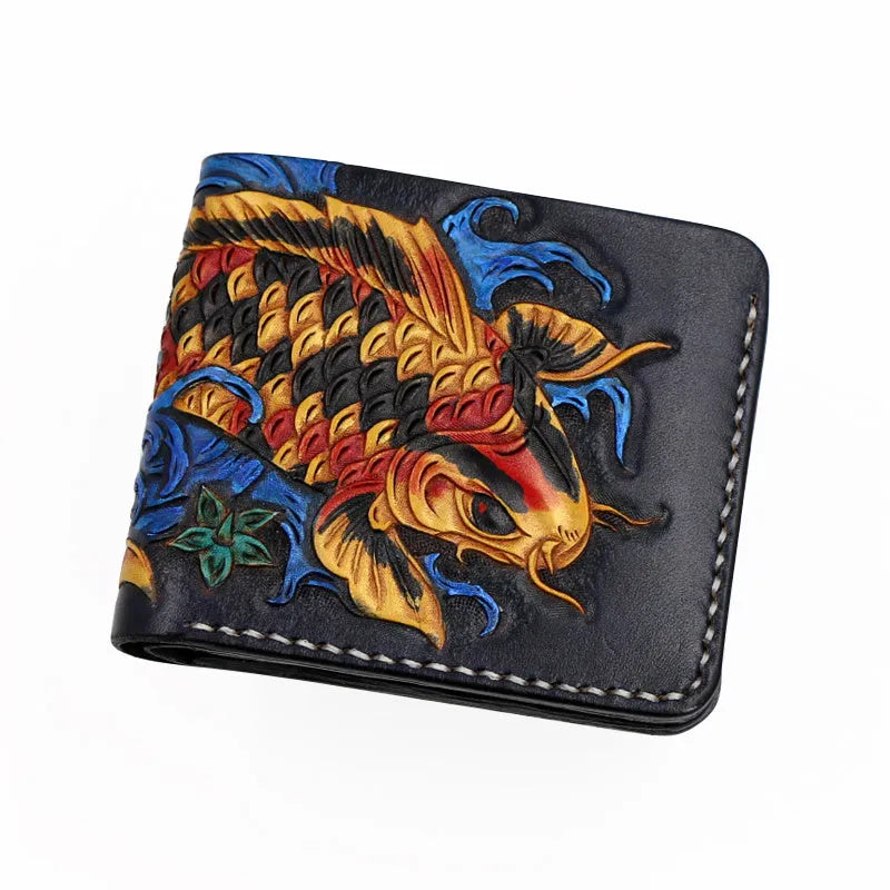 Men's blue hand-carved leather bifold wallet showing card slots and note compartment, placed on a wooden surface.