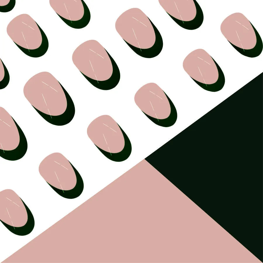 Black French style false nails with short almond shape, 24 piece nail art set