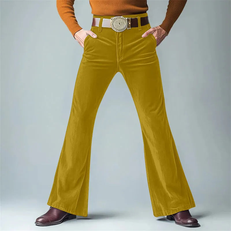 Men's gold velvet slim flared suit trousers in black, dark red, green, blue, khaki, brown or yellow