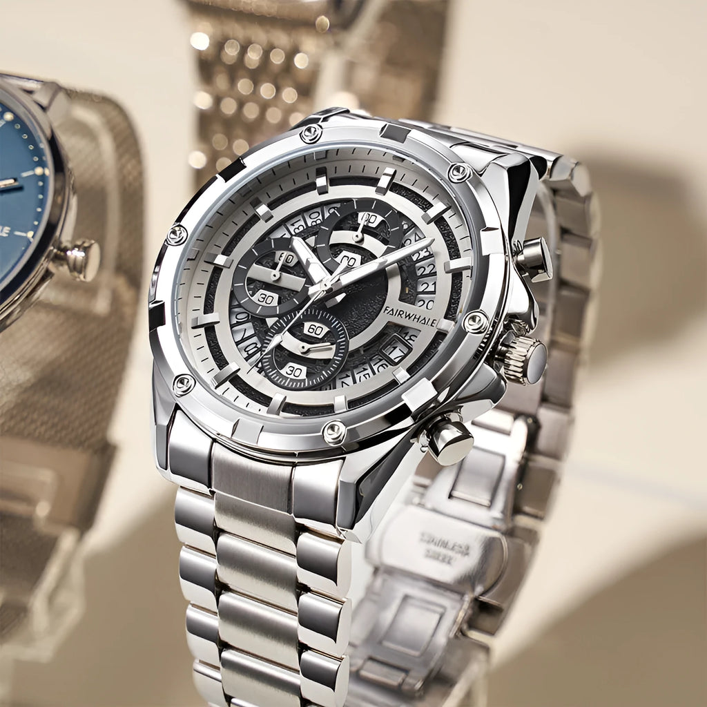 Men's waterproof luminous quartz watch with steel belt in black/blue, black/gold, or silver/white colour options