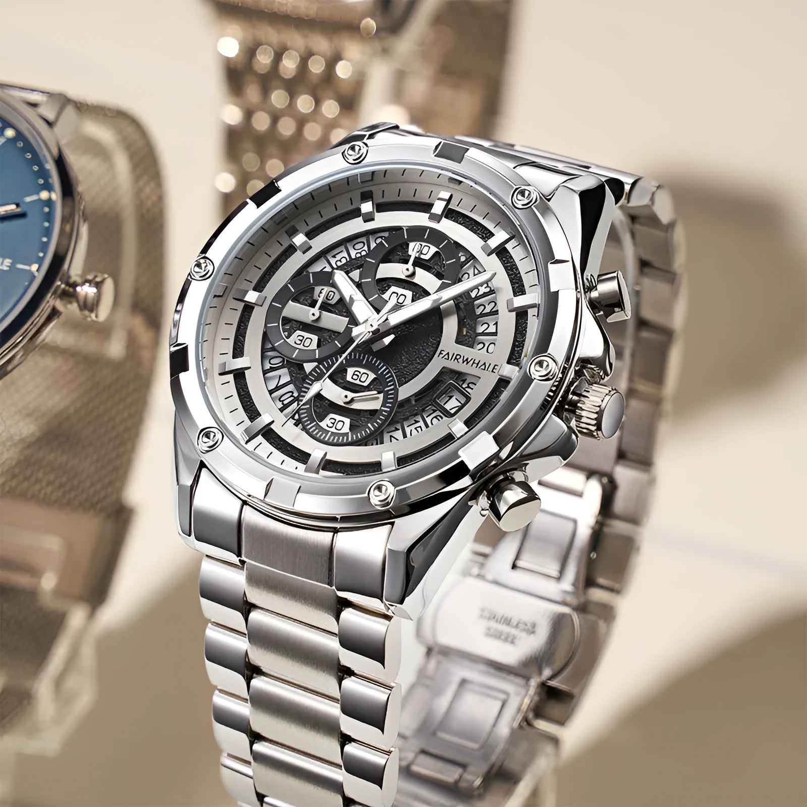 Men's waterproof luminous quartz watch with steel belt in black/blue, black/gold, or silver/white colour options
