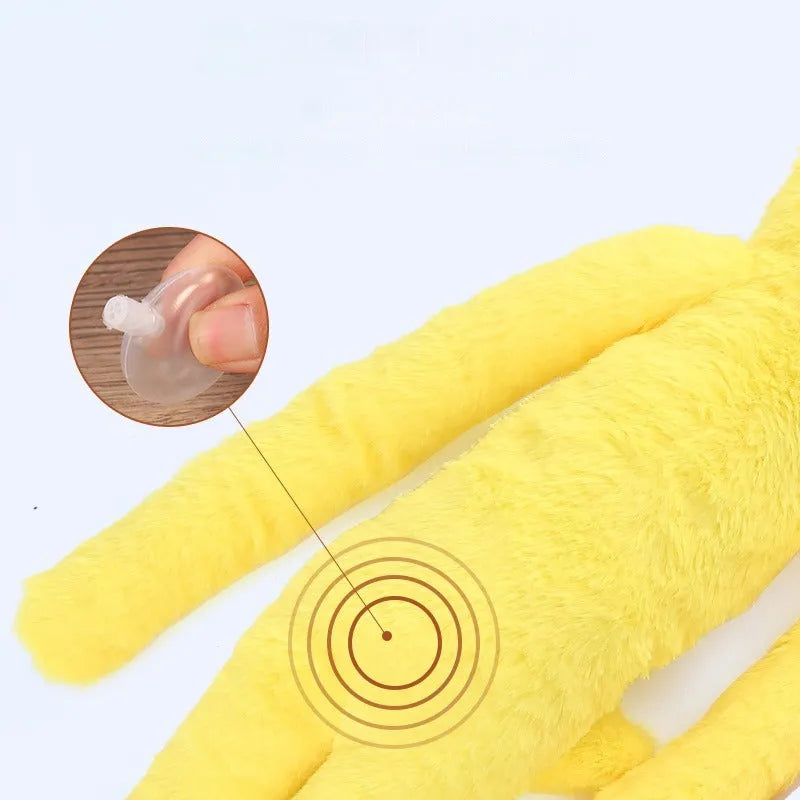Pink and yellow interactive plush dog toy with rattle sound for large breed chewing and dental care.