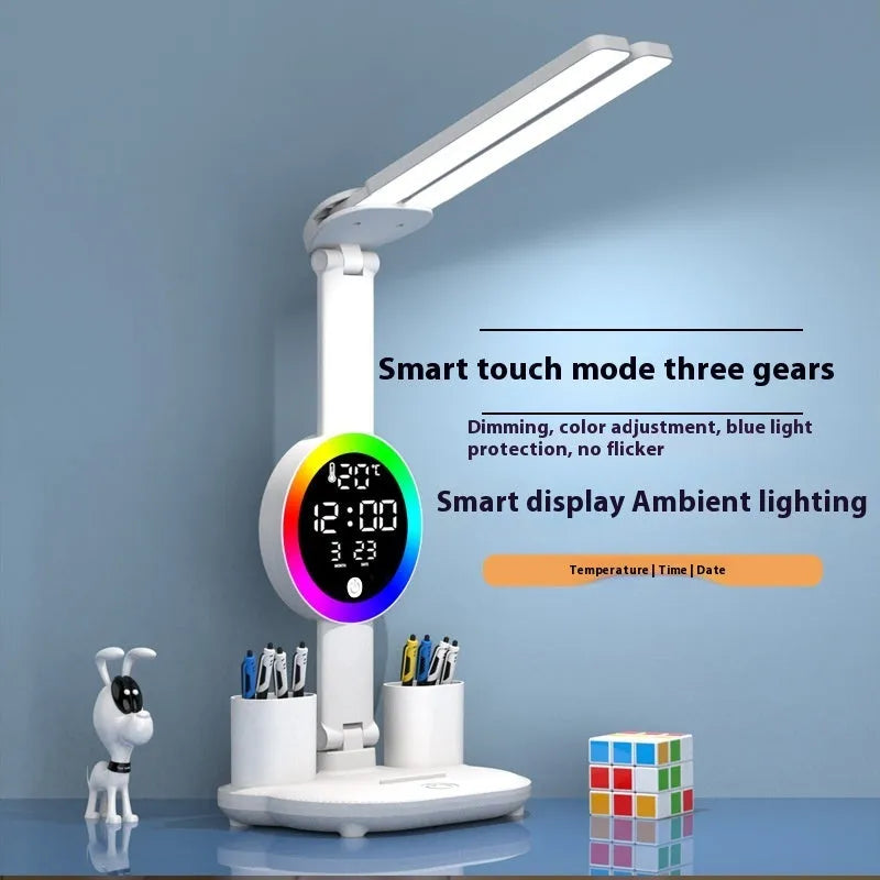 LED student rechargeable desk lamp with clock and fan option, USB powered, modern design