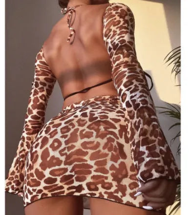 Striped leopard print bikini swimsuit set for women with skirt and top on model