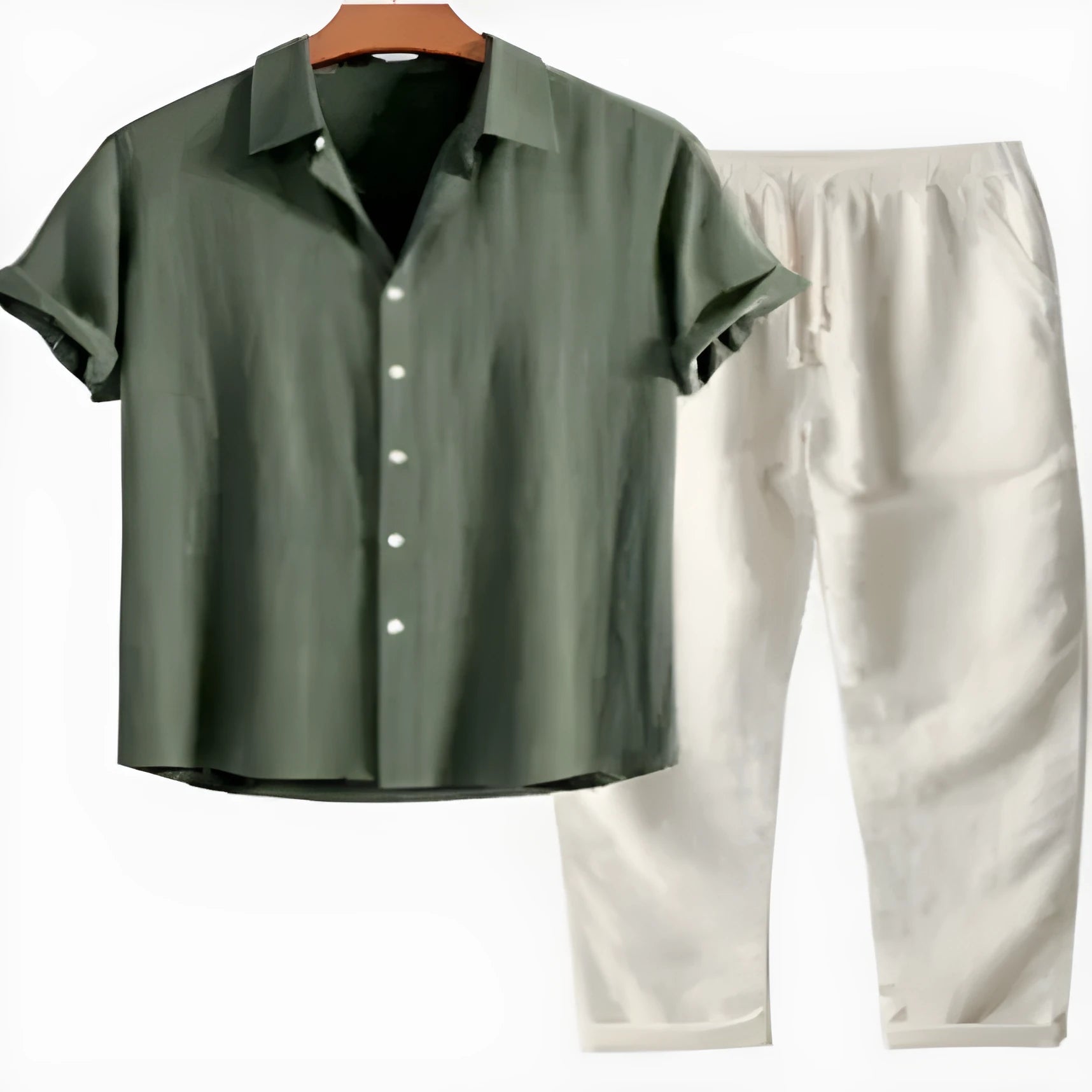Men's green floral printed polyester cardigan and trousers casual suit set