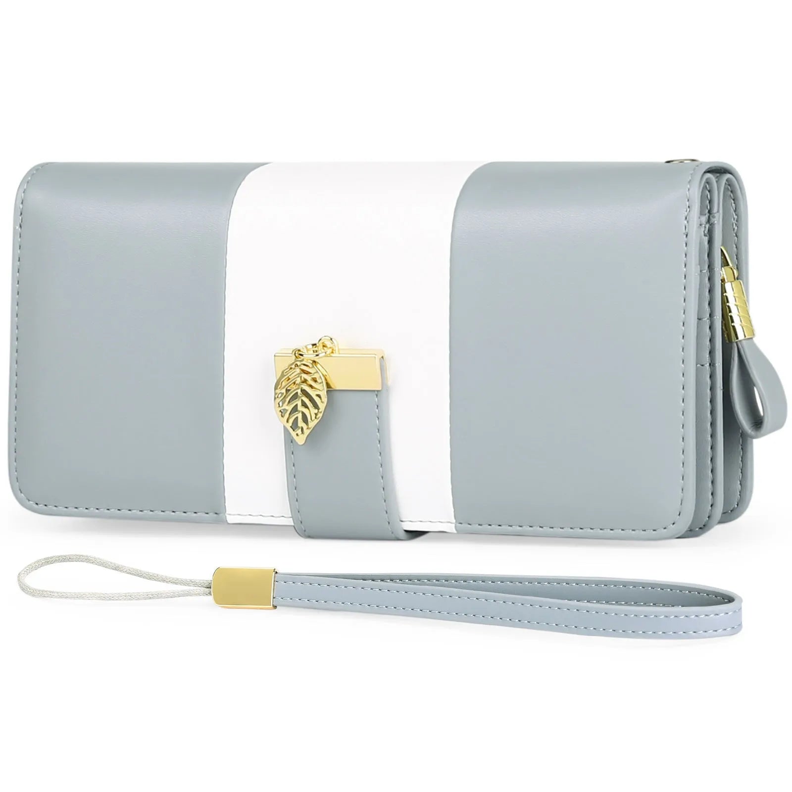 Midnight black PU leather anti-theft clutch bag with zip open, showing fold-out wallet section and microfiber lining.