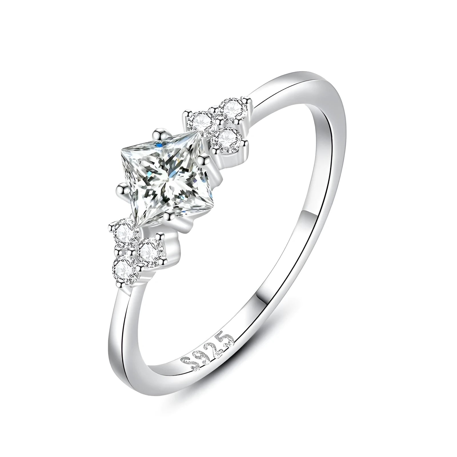 S925 silver ring with rhombus-shaped gold-plated setting and artificial gem on white background